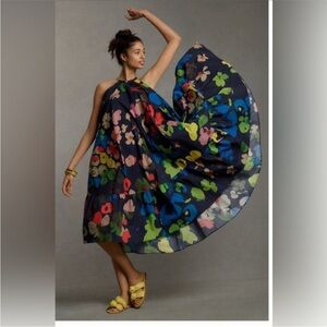 Anthropologie WHIT TWO Watercolor Floral Halter Midi Dress Abstract Art to Wear